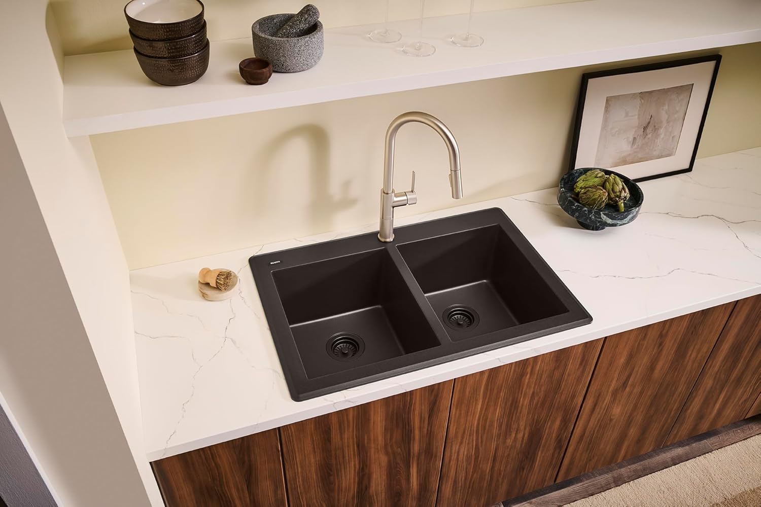 Ruvati 33 x 22 inch epiGranite Drop-in Topmount Granite Composite Quartz Double Bowl Kitchen Sink - Midnight Black - RVG1388BK