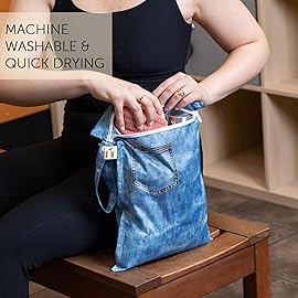 Roamio Waterproof Wet Bag for Baby, Travel, Swim Suit, Cloth Diapers, Pump Parts, Pool, Gym Clothes, Toiletry, Hook to Stroller, Daycare, Zipper Reusable Bag, Wetdry Packing Pouch, Faux Pocket Denim