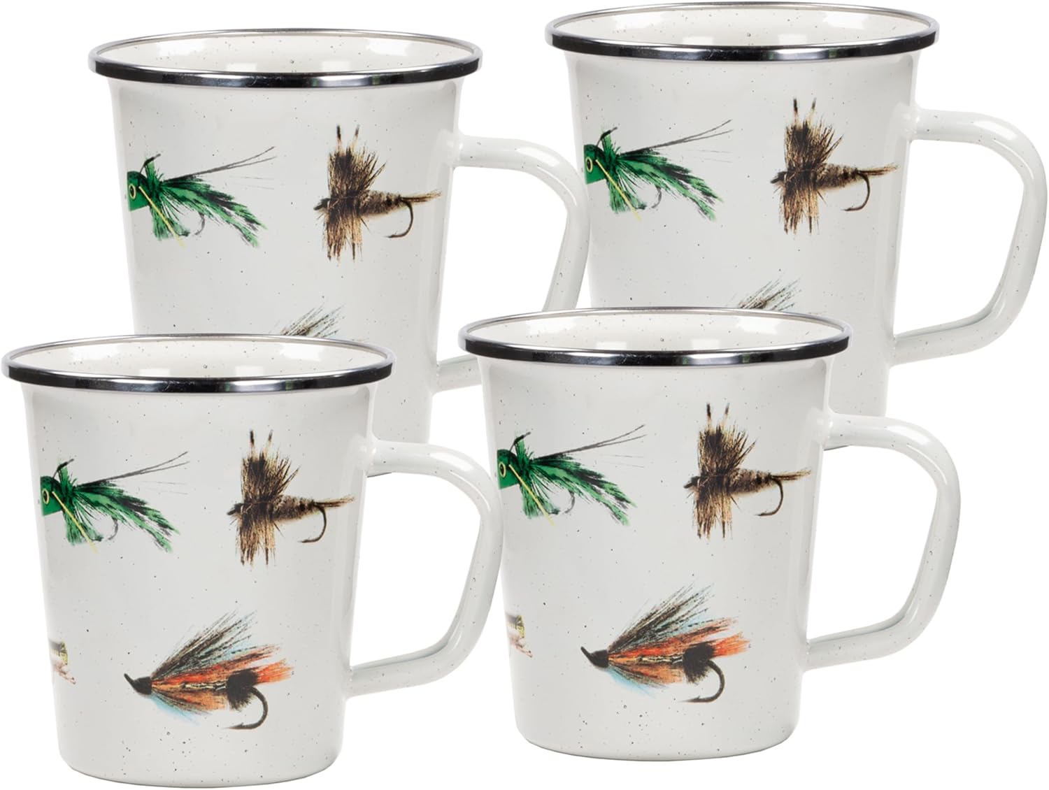 Golden Rabbit Enamelware Latte Coffee or Tea Mugs, 16 ounce, Fishing Fly, Set of 4