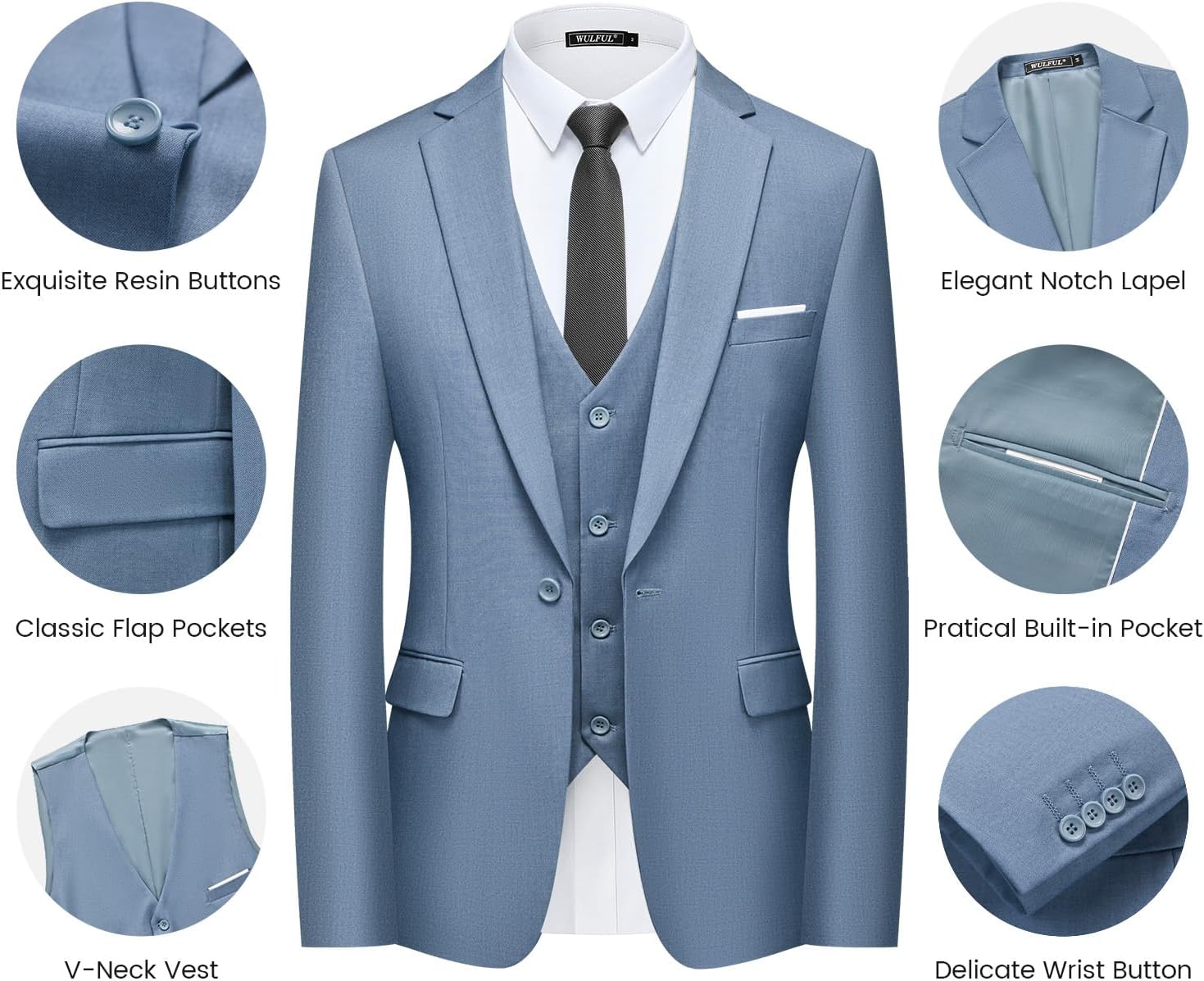 WULFUL Men’s Slim Fit Suit One Button 3-Piece Blazer Dress Business Wedding... - Picture 165 of 257