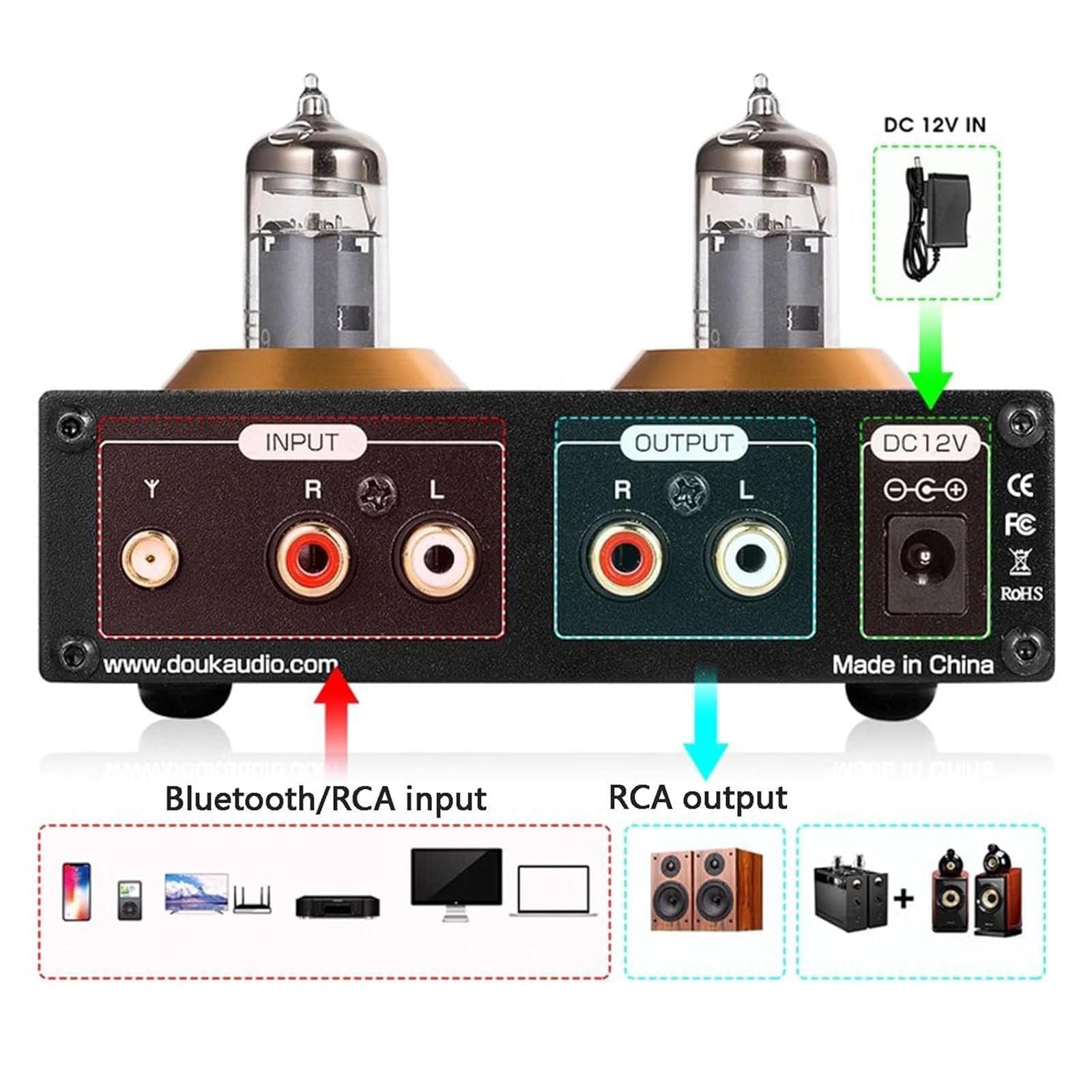COYEUX Stereo wzmacniacz lampowy, 2-kanałowy mini cyfrowy wzmacniacz mocy Hi-Fi Bluetooth 5.0 klasy D, z pilotem, kontrolą wysokiego basu, do domowego dźwięku na zewnątrz