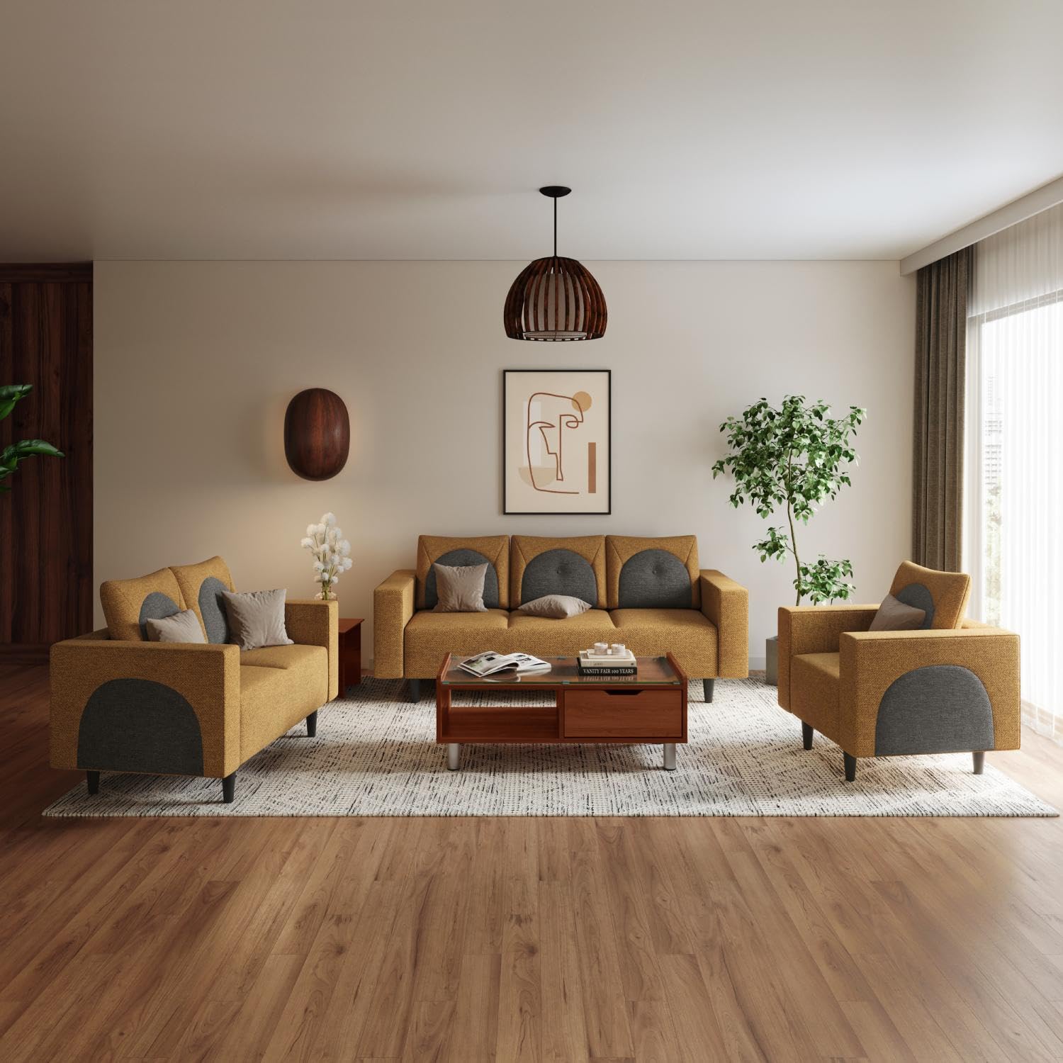 GODREJ INTERIO Cresco 6-Seater Fabric Sofa Set (3+2+1), 3-Years Warranty, Solid Wood, Camel and Taupe-image-7