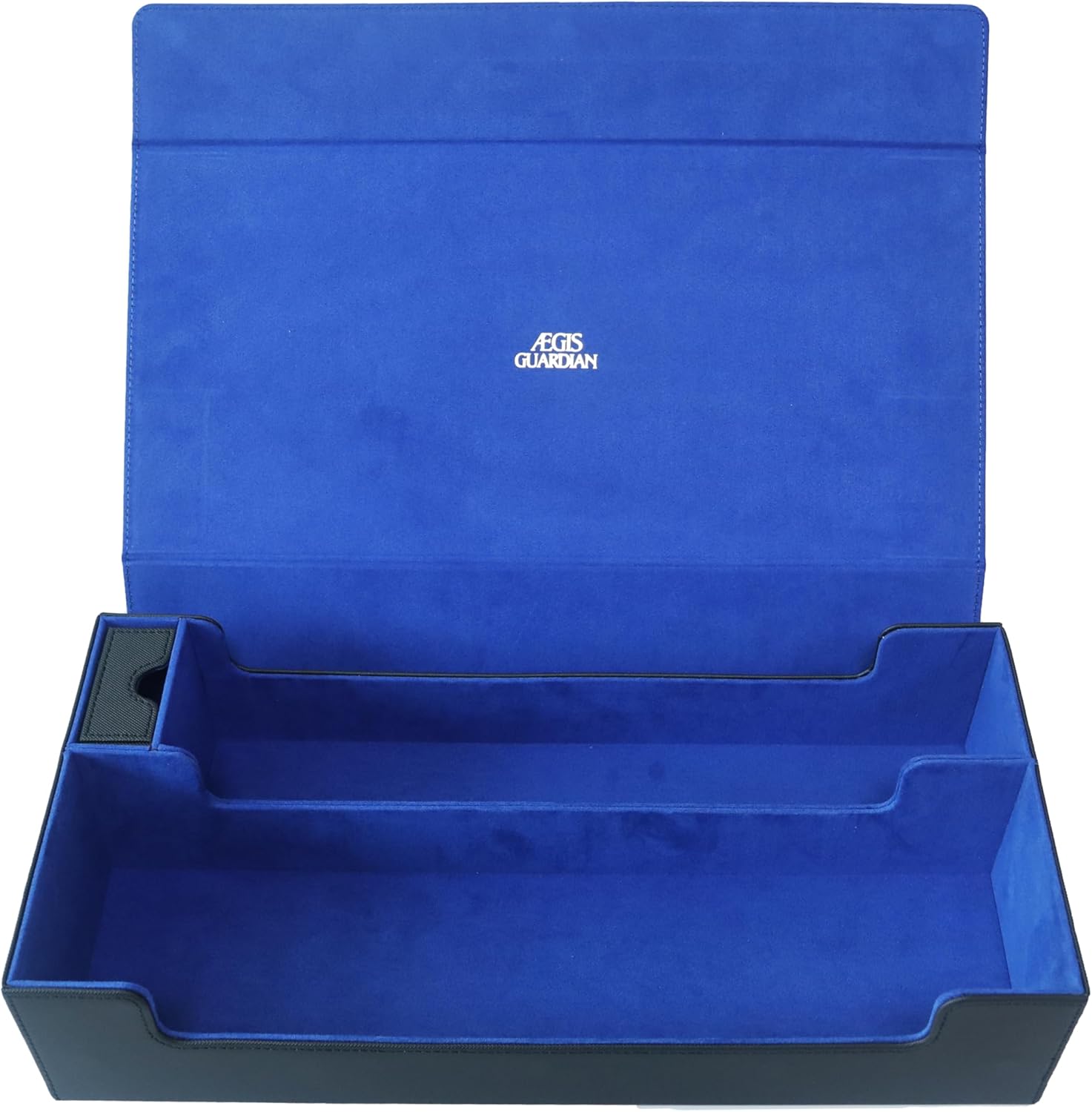 AEGIS GUARDIAN Card Deck Box with Dice Tray for MTG Cards, Holds 500+ Sleeved Cards and 1 playmat, Commander Deck Box fit TCG CCG, PU Leather Strong Magnet, Black and Blue 6-3