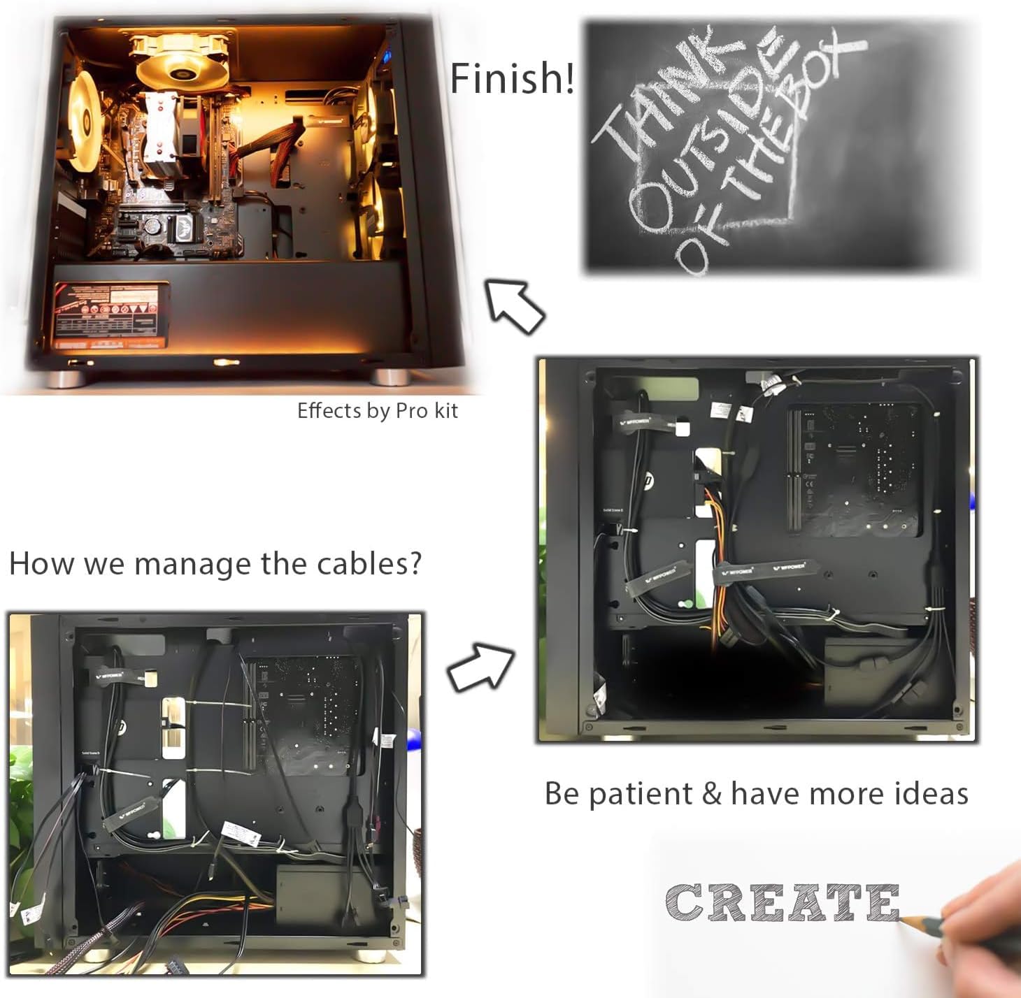 Before and after images of PC cable management, showing a tidy final installation