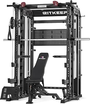 RitKeep Nimitz N1 Counterbalanced Smith Machine with 300 LB Steel Stacks | Heavy-Duty Home Gym Power Rack with Adjustable 11/21 Dual Pulley System, 2500LB Capacity and Strength Training Attachments