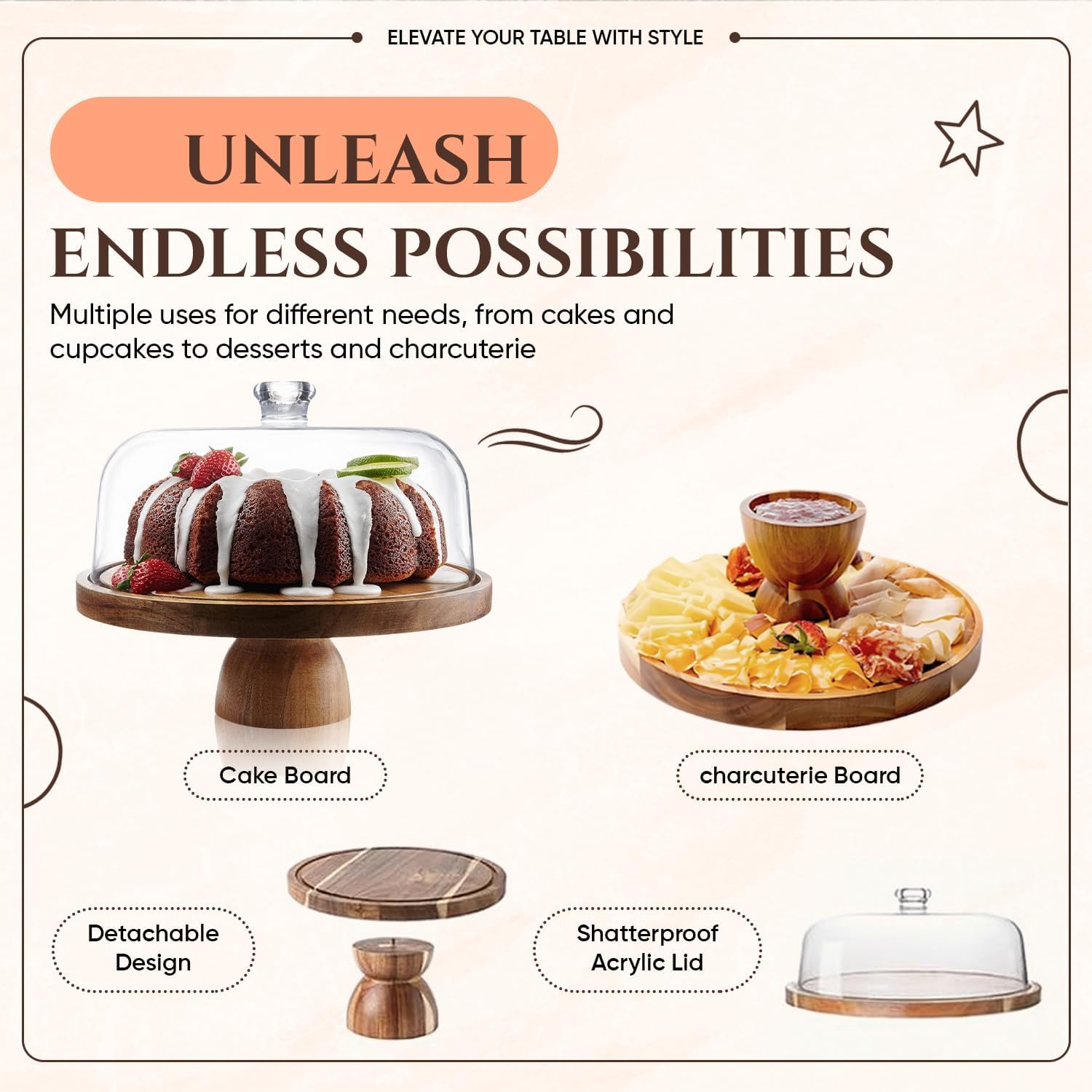 Acacia Wooden Cake Stand with Lid, 2-in-1 Dessert Display Set, 12“ Rotating Cake Holder, Detachable Design, Acrylic Cake Dome Cover, Multi-Functional Serving Platter for Cakes, Pastries, & More