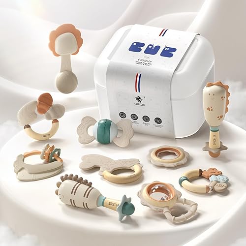 Evoceler Juguetes de dentición para bebés de 0 a 6 meses (30 súper suave, 50 suave, 70 regular), 10 juguetes agitadores, mordedores de silicona de