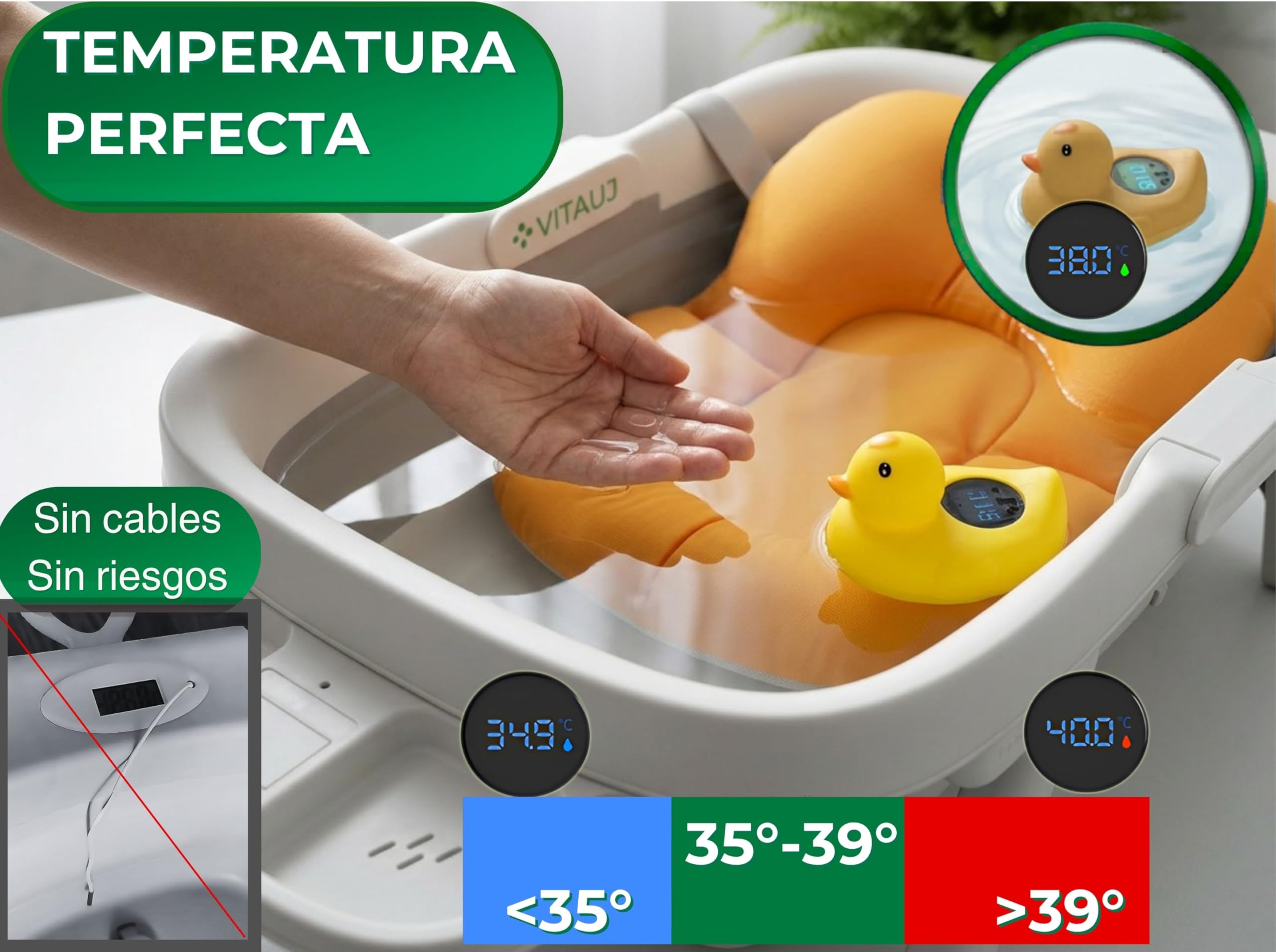 Bañera Plegable Bebé 0–36 Meses con Cojín Antideslizante, Termómetro sin Cables y Juguete | Grande, Segura y Compacta