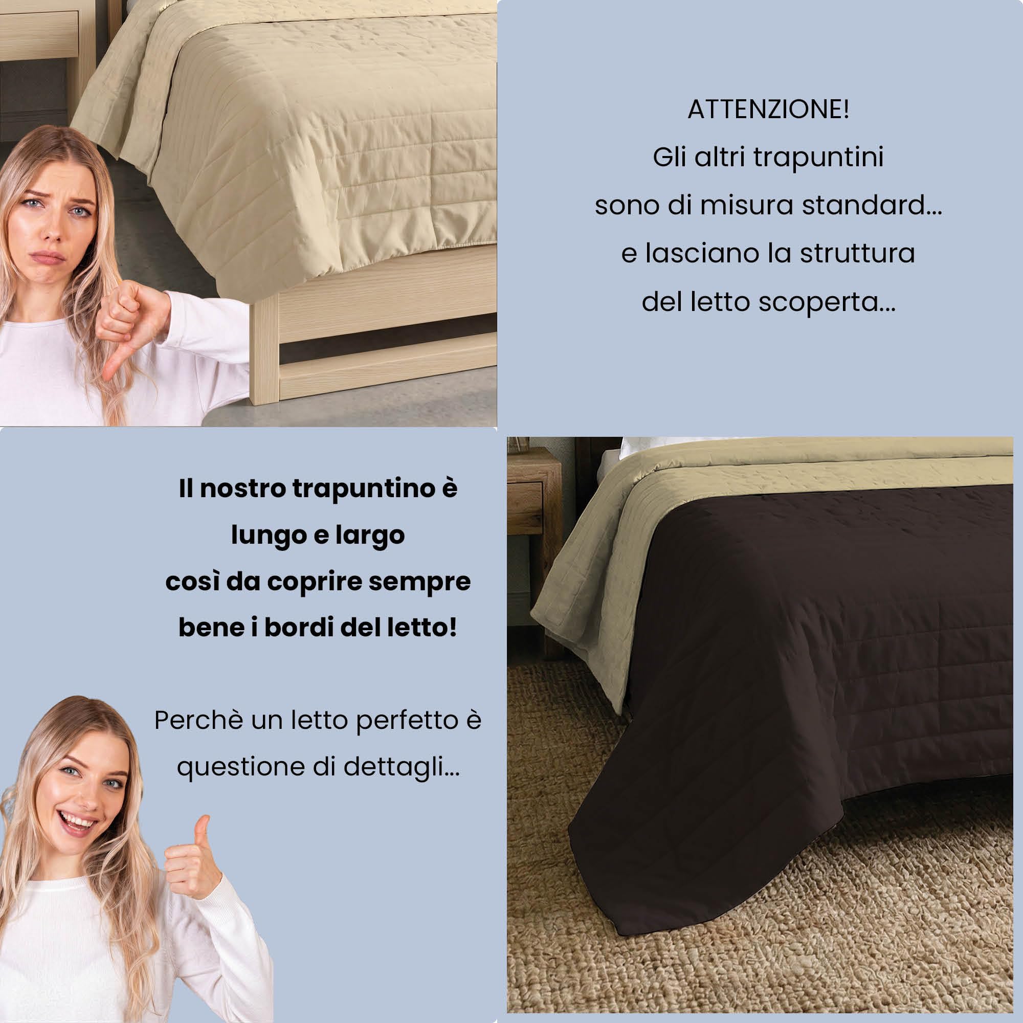 TRAPUNTINO ESTIVO ELEGANT NO STIRO - Made in Italy - Copriletto Matrimoniale 260x270 cm in Morbida Microfibra - Tinta Unita - DoubleFace - Trapunta 100 g - Marrone/Panna