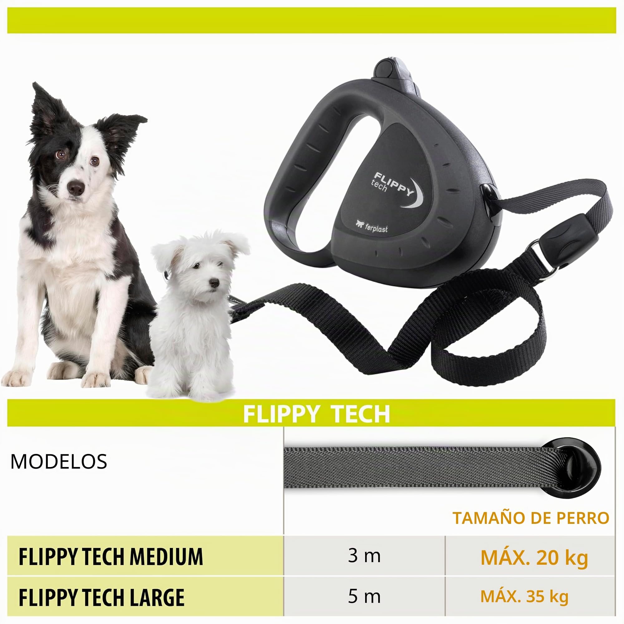 Ferplast Correa Perro Extensible Flippy Tech, Correa Perro de Tamaño Mediano hasta 25 Kg. Cinta Extensible máx 3 m. Botón único de Bloqueo y liberación, Negro