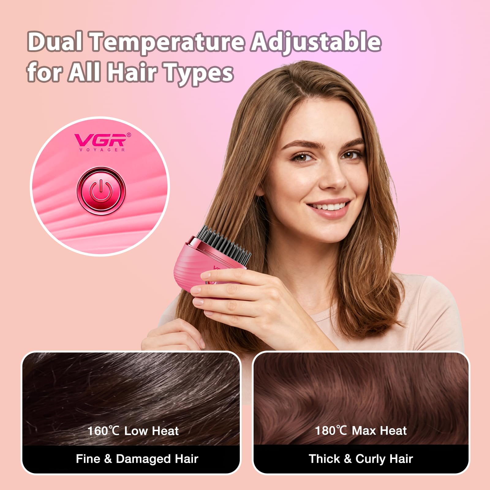 VGR 587 Spazzola Lisciante Senza Fili, Mini Spazzola Per Stiratura Capelli Con 2 Temperature Fino A 180°C, Ricarica USB, Denti Anti Scottatura, Con Borsa Per Il Trasporto Per Viaggi E Casa, Rosa
