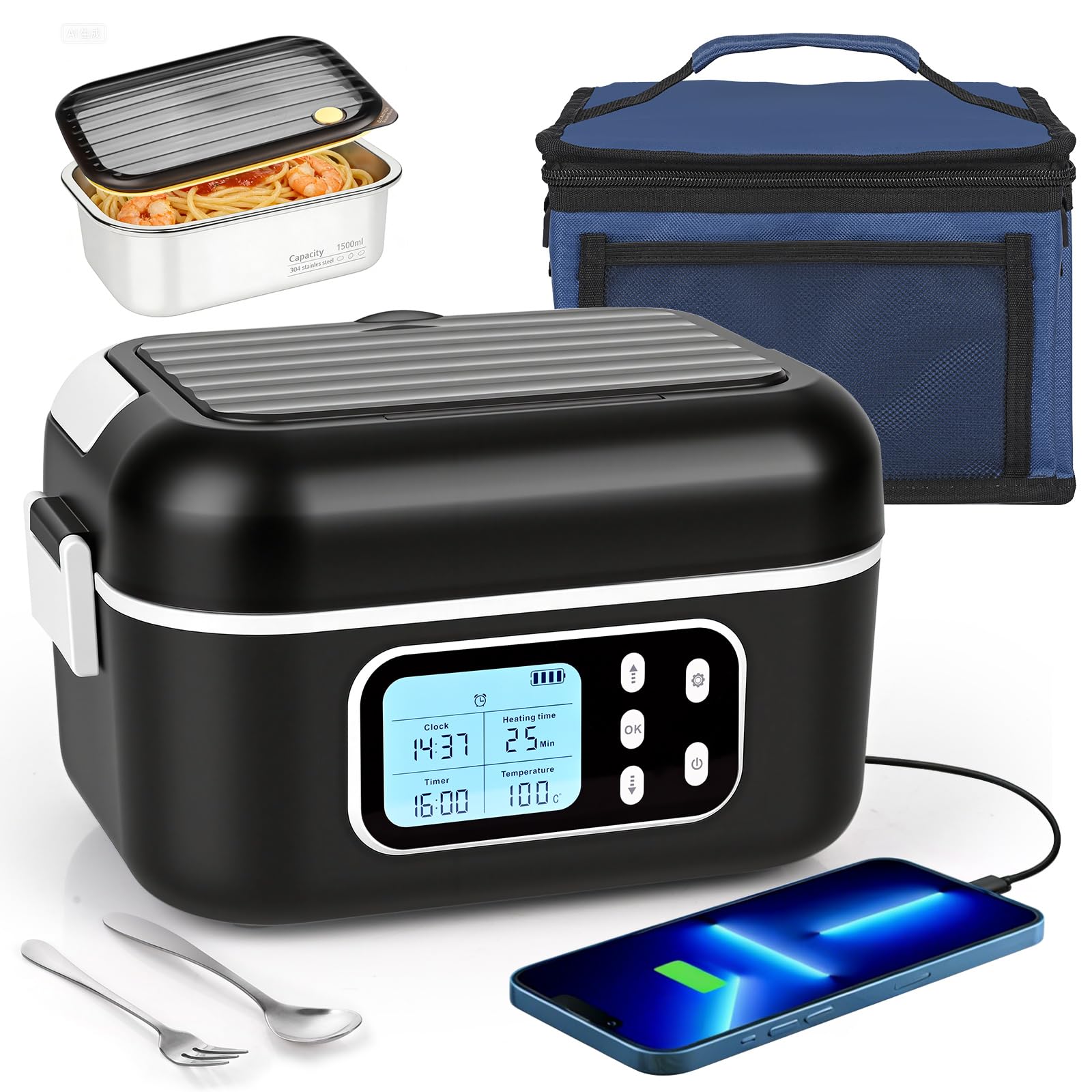 Dreamhigh 1,5 L Fiambrera Eléctrica Con Batería, Calentador De Comida Portátil 24000 mAh, Diseño Antifugas y Función de Calentamiento Programable Para Coche y Trabajo (negro)
