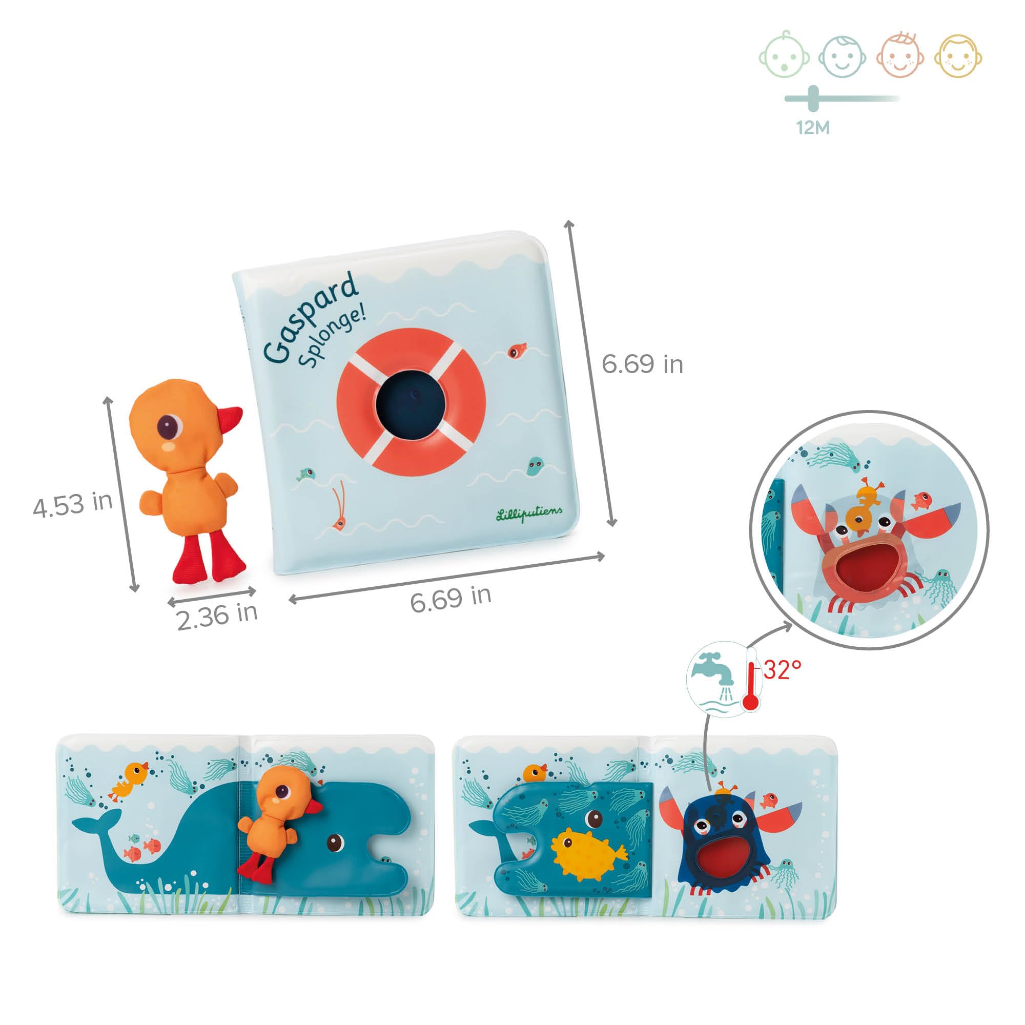 Lilliputiens - Libro de baño mágico Interactivo - Gaspard el Pato y Sus Amigos acuáticos - Juguete Educativo y Divertido para bebés - Regalo Ideal - Descubrimiento y Despertar - 83456