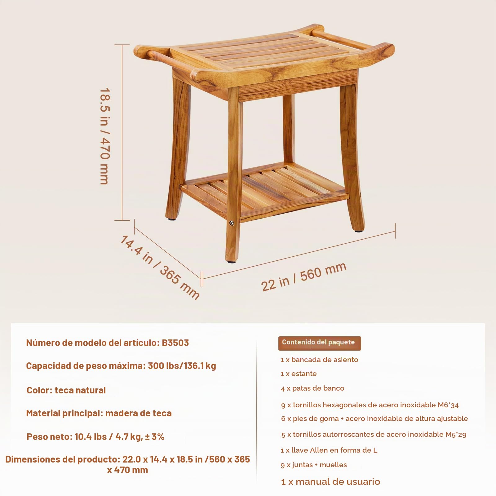 VEVOR Banco de Ducha de Teca de Madera Resistente al Agua con Estante de Almacenamiento, Asa y Patas Antideslizantes, Carga Máxima de 136,1 kg, para Uso en Interiores y Exteriores 560 x 365 x 470 mm
