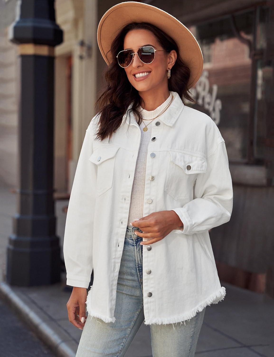 luvamia Denim Jacket for Women Oversized Button Down Casual Jean Shacket Jackets Long Sleeve Frayed Hem Western Trendy - Image 7