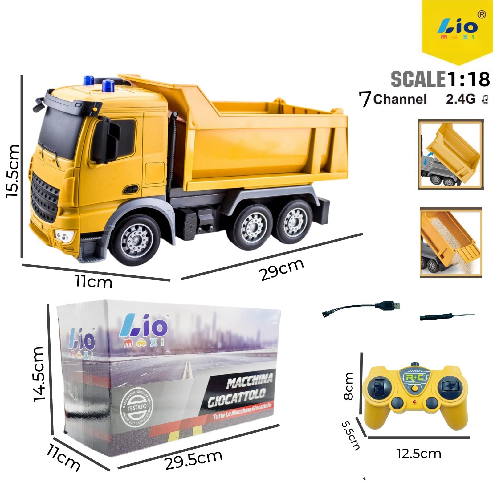 Camion betoniera con tutte le funzioni, giocattolo telecomandato alimentato a batteria, per bambini e bambine, scala 1:24,6 canali， con luci e suoni