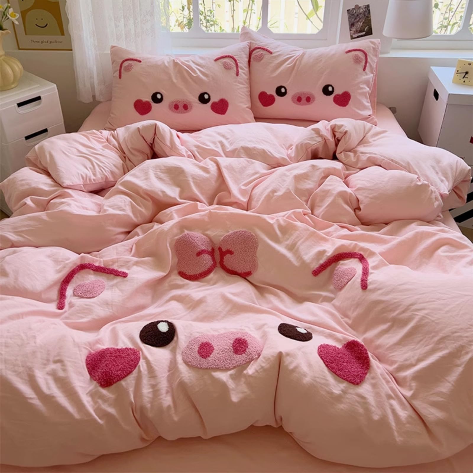 Pink Kids Bedding Set for Girls Heart Pig 4-Piece Cartoon Cute Quilt Set Children Soft All Season Bedding Set (1.5m/59 Bed,Pig)
