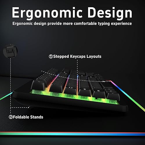 Miniatura 5 de RECCAZR Teclado para juegos retroiluminado LED arcoíris, 104 de tamaño completo, sensación mecánica multimedia, teclado para juegos de PC,