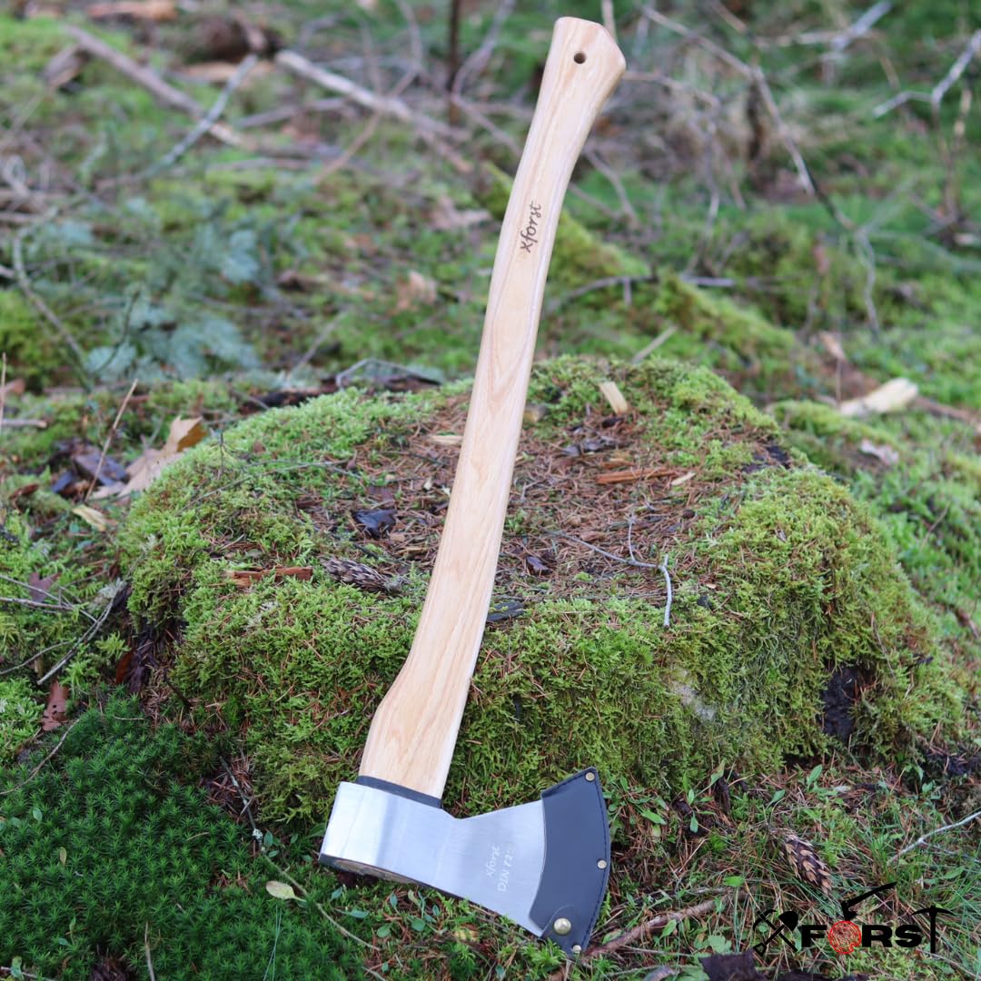 Xforst Hache forestière UW12 – Hache à fendre 70 cm en Acier Carbone avec Manche en Bois de Hickory + étui