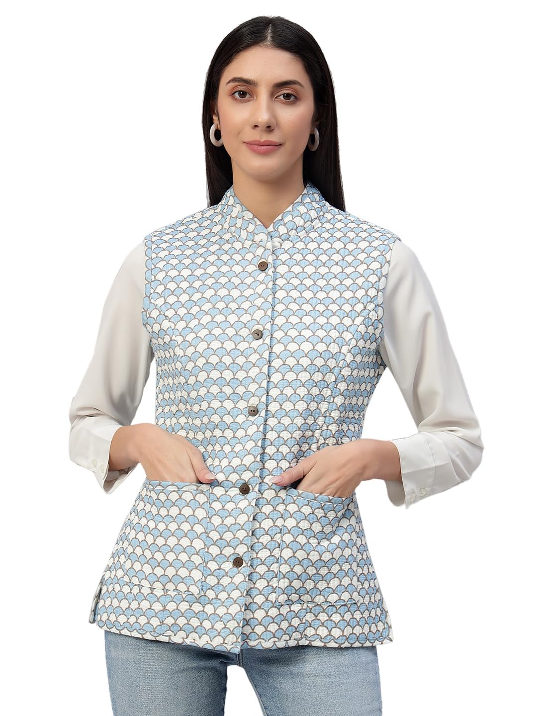 Women's Floral Printed Reversible Quilted Jacket Coat Blazer Jacket Sleeve Less Waistcoat