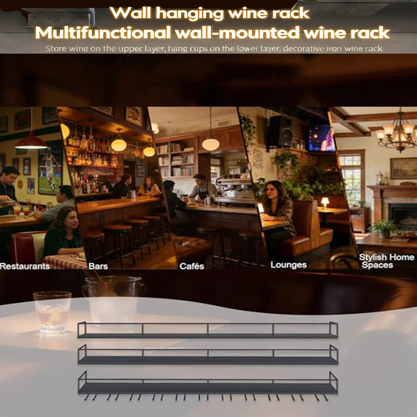 Portabottiglie a Parete con Luci LED e Portabicchieri, Espositore per Vino 3 Ripiani, Struttura in Metallo Resistente, Ideale per Home Bar, Caffè, Ristorante (nero, 200cm)