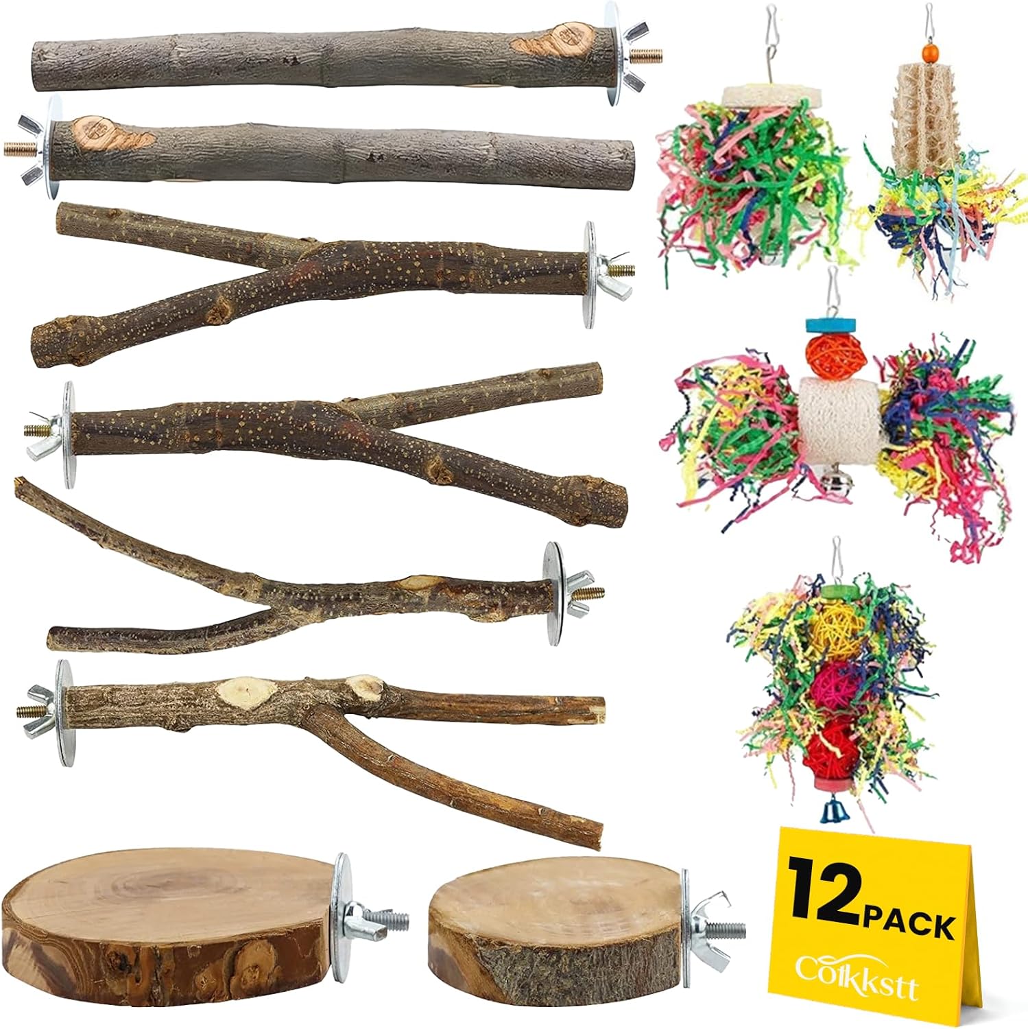 12 Pcs Natural Bird Perches and Shreddable Parakeet Toys, Essential Parrot Cage Accessories with 8 Wood Standsand 4 Shreddable Parakeet Toys, Foraging Shredder and Bird Accessories for Cages