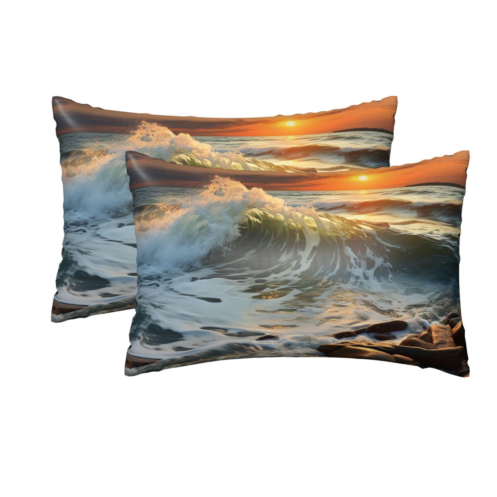 2 Pack Queen Silk Pillow Cases with Hidden Zipper, Luxury Soft Satin Pillow Covers for Hair and Skin, Rocky Wave Sunset Painting Pillowcases 20"x30" Bed Pillow Protectors Cover for Sleeping Gifts