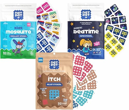 NATPAT BuzzPatch (60 calcomanías de mosquitos) MagicPatch (32 parches de alivio de Itcah) y SleepyPatch (24 calcomanías para promover el sueño), sin