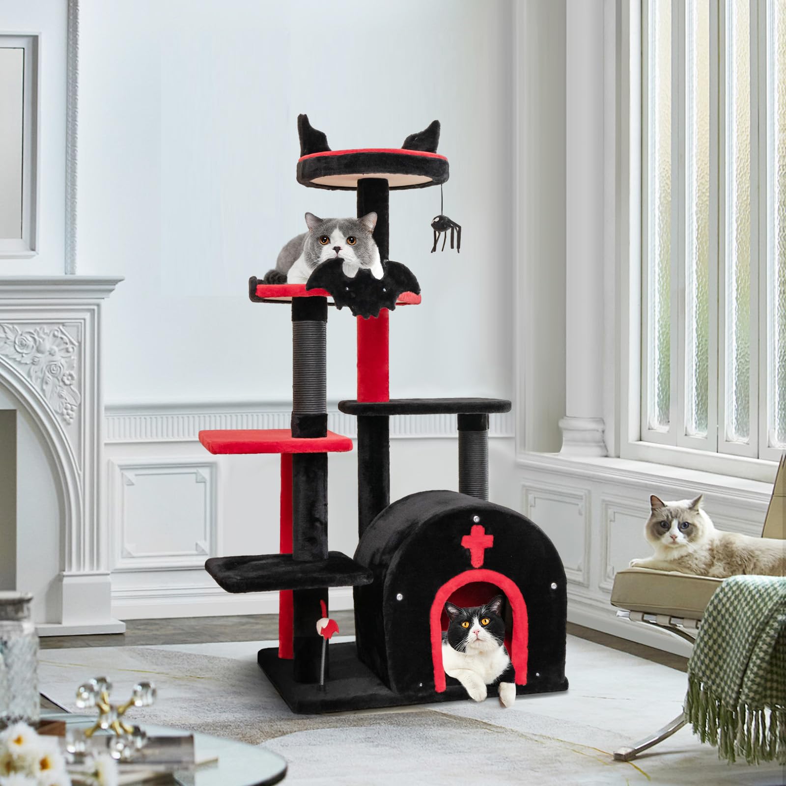 Tangkula Gothic Cat Tree, 53 Inch Black Cat Tower with Coffin Bed, Condo, Scratching Posts, Spider Pompom & Spring Balls, Halloween Pet Furniture, Spooky Goth Cat Tree for Indoor Cats