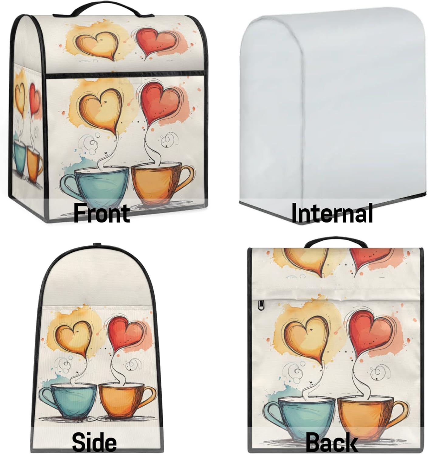 Kitchen Aid Mixer Cover, Dust Covers for Stand Mixer Coffee Maker, Kitchen Mixers Accessories Blender Covers with Top Handle and Zipper Pocket for Extra Appliances 6-8 Quarts (Hearts Coffee Cups)