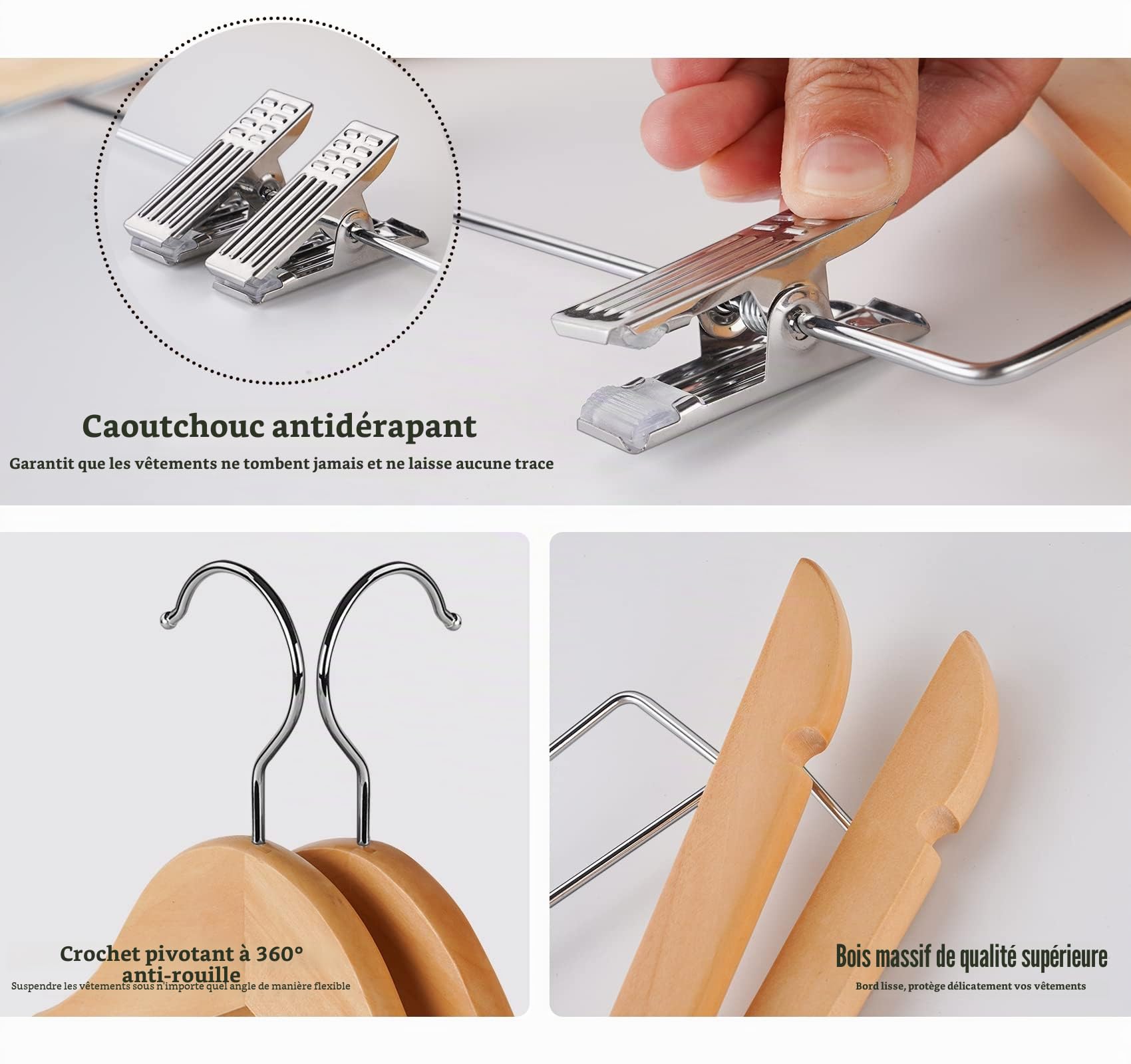 HOUISM Lot de 16 cintres en bois avec clips réglables,Cintres en bois pour costumes, jupes, pantalons,Finition lisse naturelle,Crochet pivotant à 360°, veste, jupe