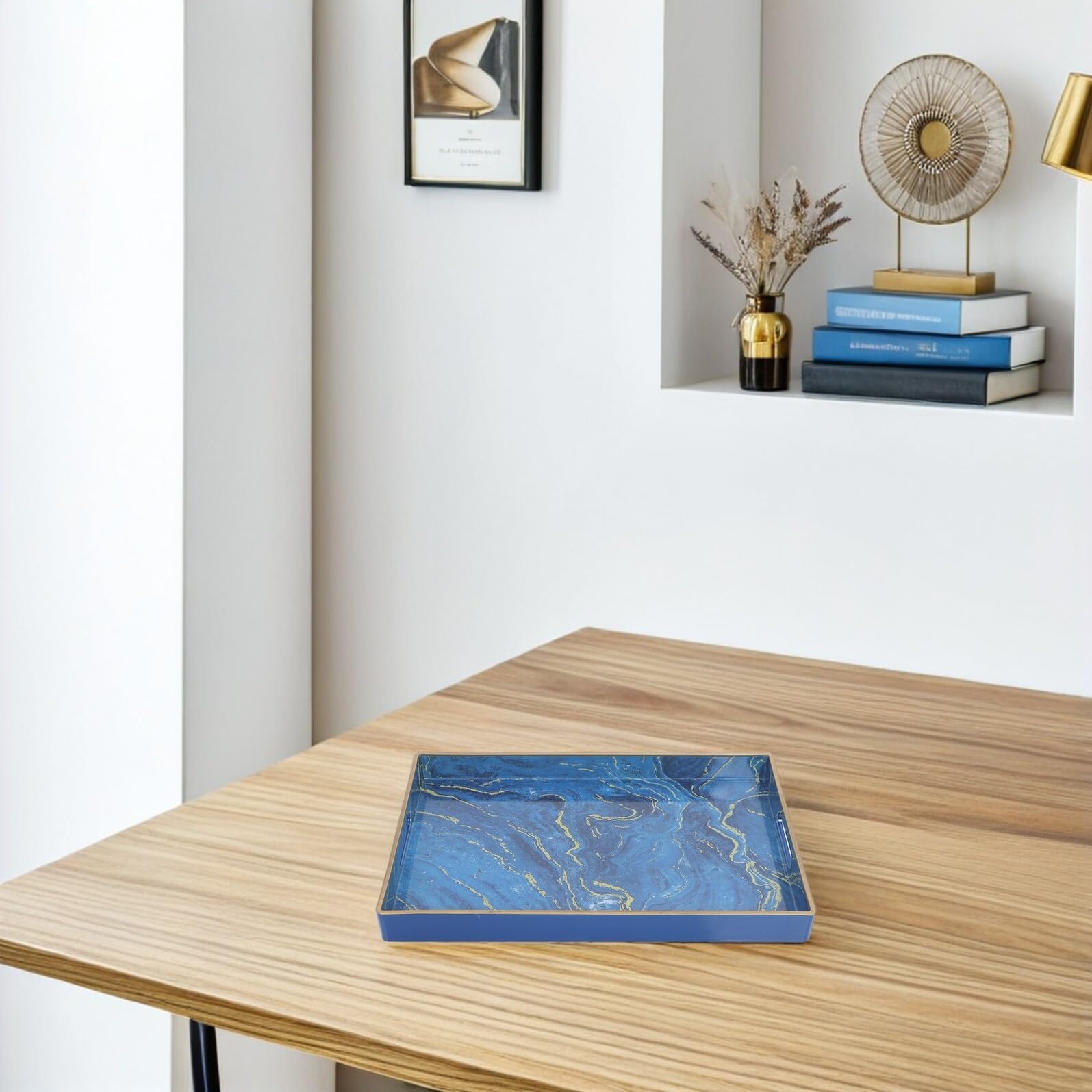 Garneck Bandeja Rectangular Decorativa de Plástico con Efecto Mármol Azul, Bandeja Organizadora para Baño y Centro de Mesa, Adecuado para Servir Desayuno y Exhibición, Diseño Resistente