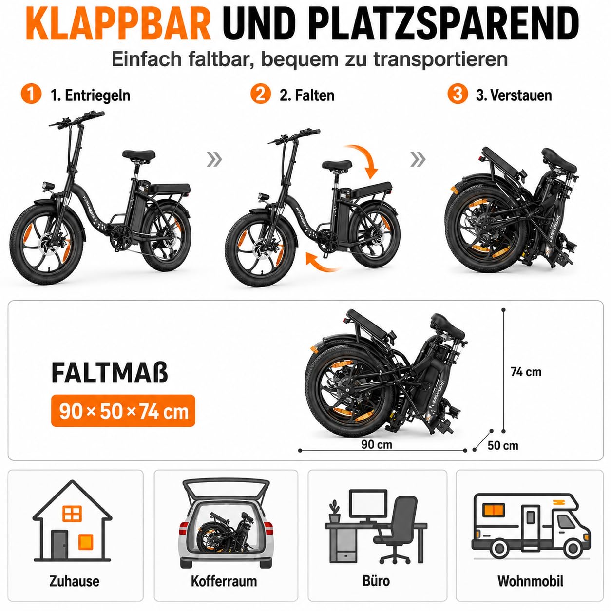 WITAMBIKE C16 E Bike Klapprad 20 Zoll für Herren Damen, 250W Pedelec, 48V 16Ah Akku bis 100 km, Fatbike Elektrofahrrad für Pendeln und Reisen, 7-Gang, Federgabel, Scheibenbremsen
