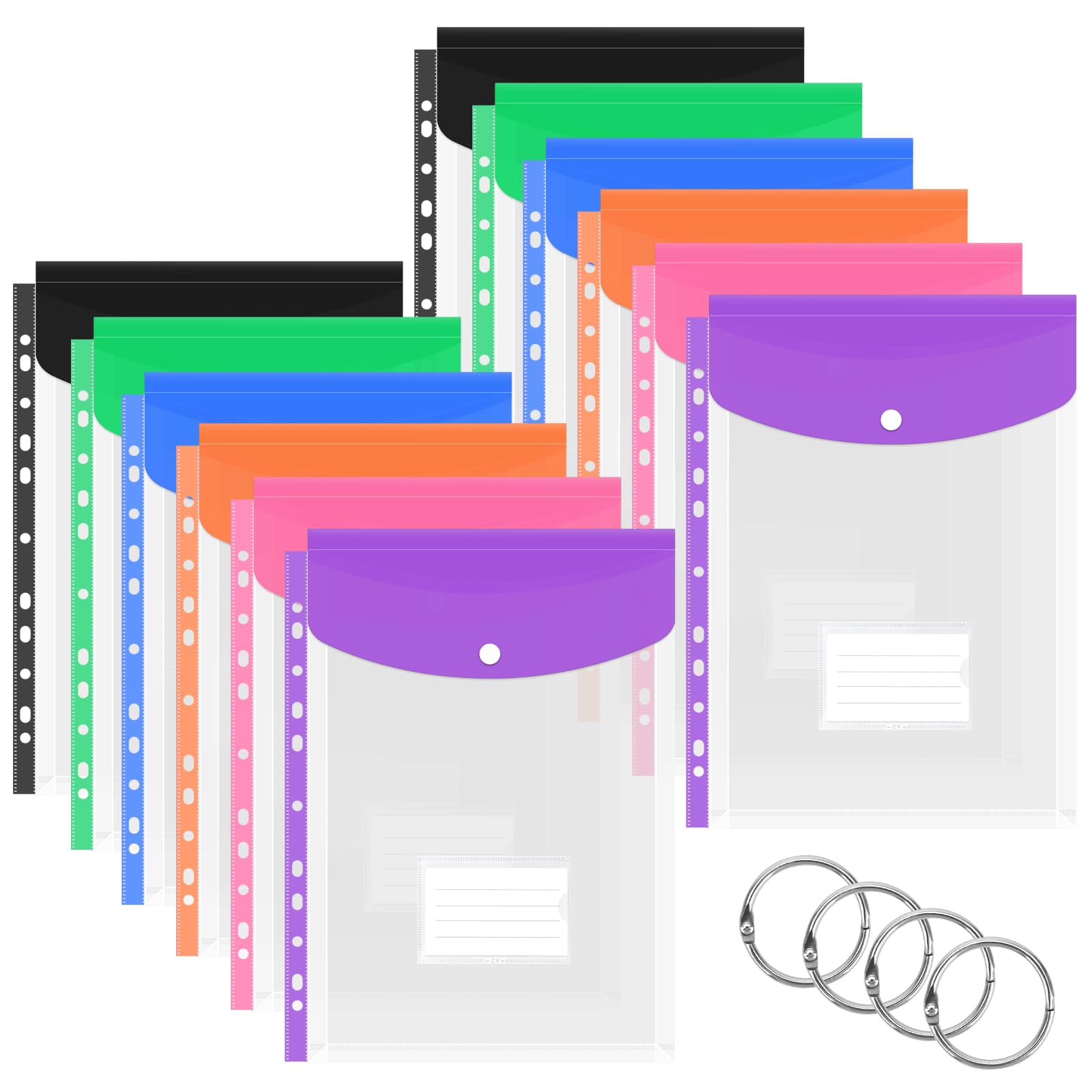 JEFURE Plastic Wallets A4, 12 PCS Expandable Punched Poly Pockets, Colorful Plastic Folders with Popper, Card and Ring Binders, Document Folders for School, Office, Home (Vertical)