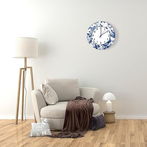 Miniatura 4 de Reloj redondo de madera para decoración de pared, estilo chinoiserie, porcelana azul y blanca, reloj de pared floral de granja de 12 pulgadas, reloj
