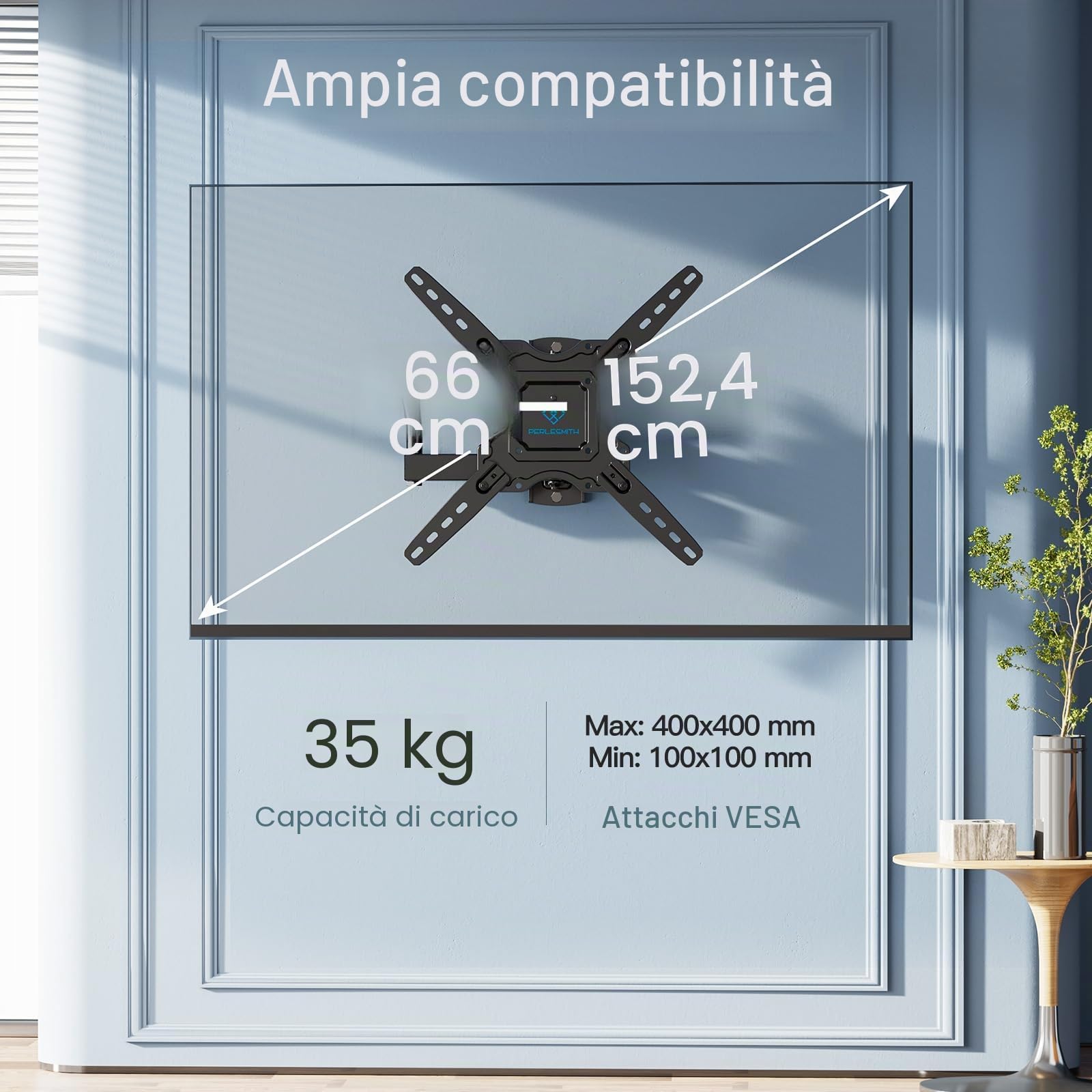 PERLESMITH Supporto TV Parete Inclinabile Orientabile per Schermi 26-60 Pollici LED LCD Curvo 35 kg VESA 400x400 mm