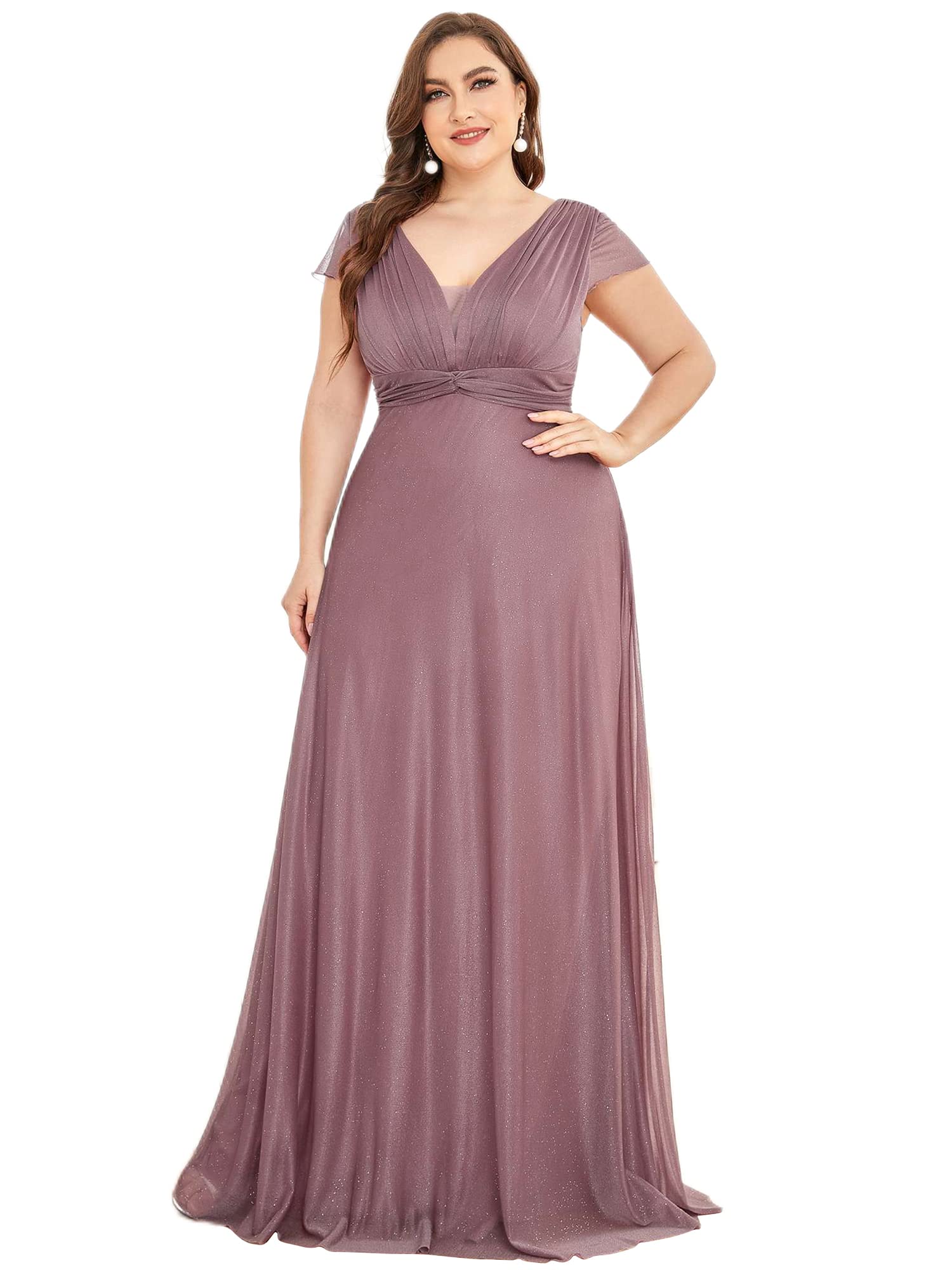 Ever-Pretty Plus Vestido de Gala Escote en V sin Respaldo Manga Corta A-línea Largo para Mujer Elegantes 0141A