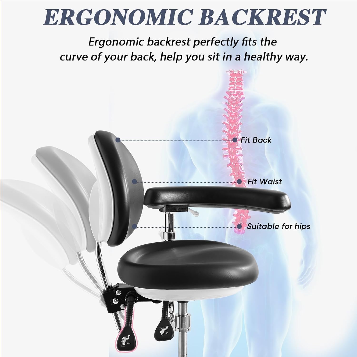 Medical Dental Assistant Chair with Rotatable Armrest Rolling Medical Chair Ergonomic Swivel Seating Back Support Dentist Stool for Clinics, Dental Offices, Labs-Black