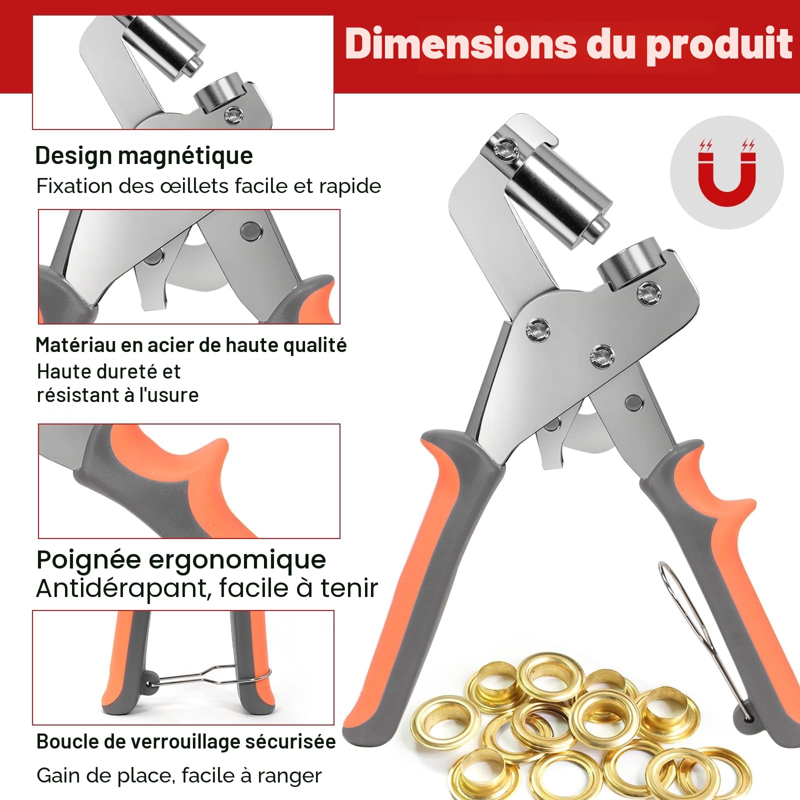 Kit de œillets avec poinçons de 6 mm et 10 mm, 500 pièces d'œillets en métal, ensemble d'outils de presse à rivets à pinces à œillets très résistant pour bâches, artisanat en cuir, tissus