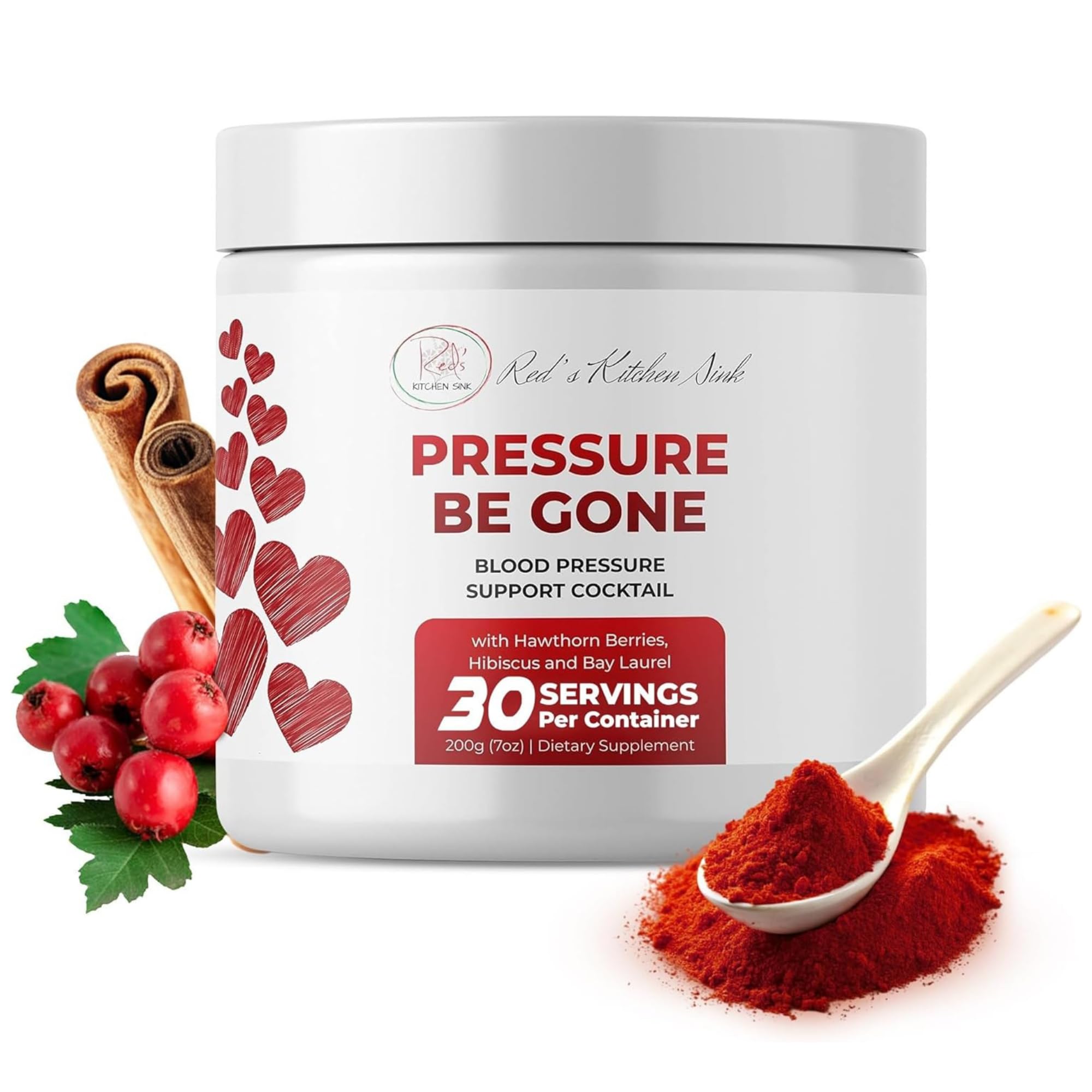 Red's Kitchen Sink Pressure Be Gone – Daily Superfood Powder With Hibiscus, Hawthorn Berry, Bay Laurel, Ginger & More – 200g, 30-Day Supply