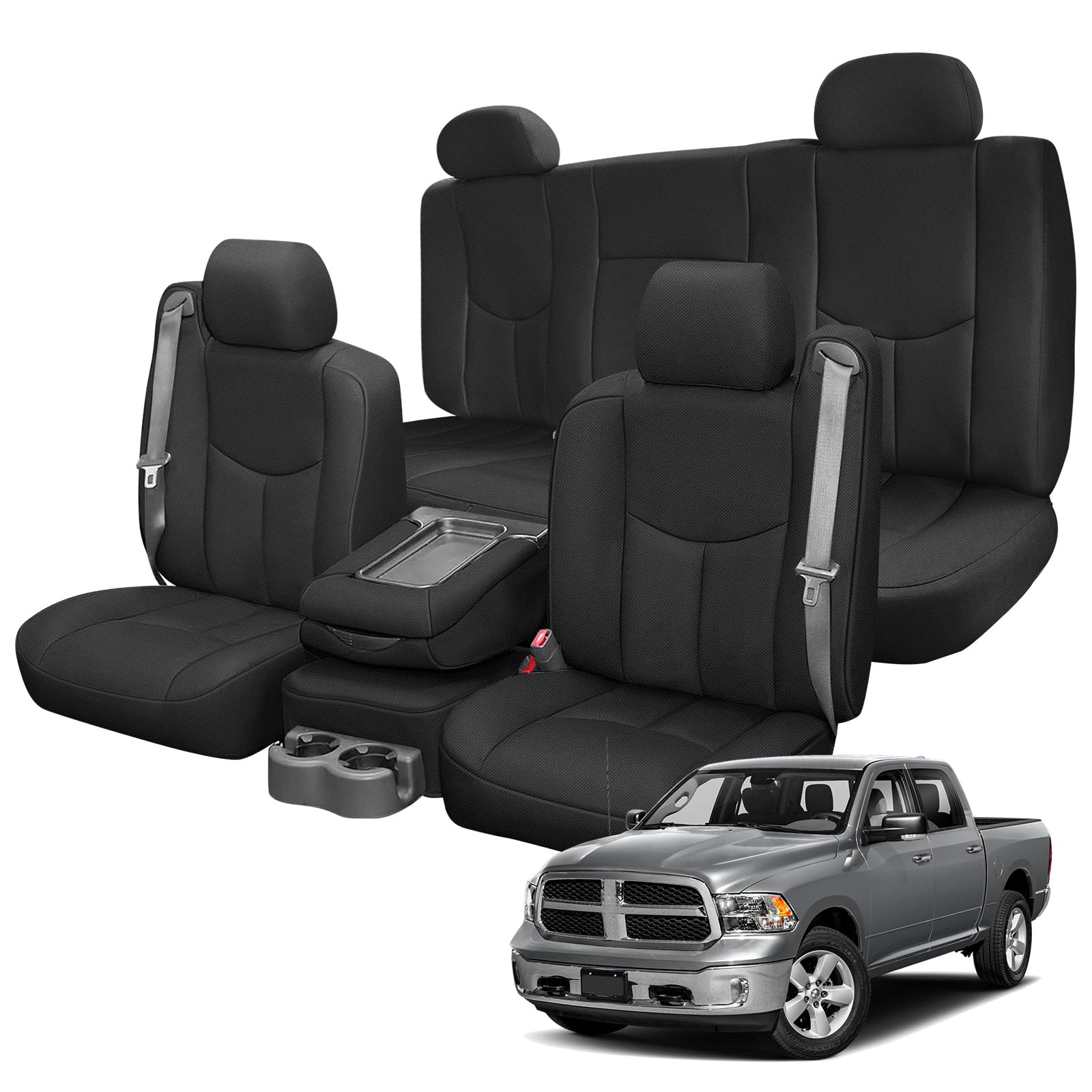 Front & Rear Seat Covers Compatible with 1999-2006 Chevy/GMC 1500, Heavy Duty Knitted Fabric Complete Set, Rear Seat No Cup Holders Opening