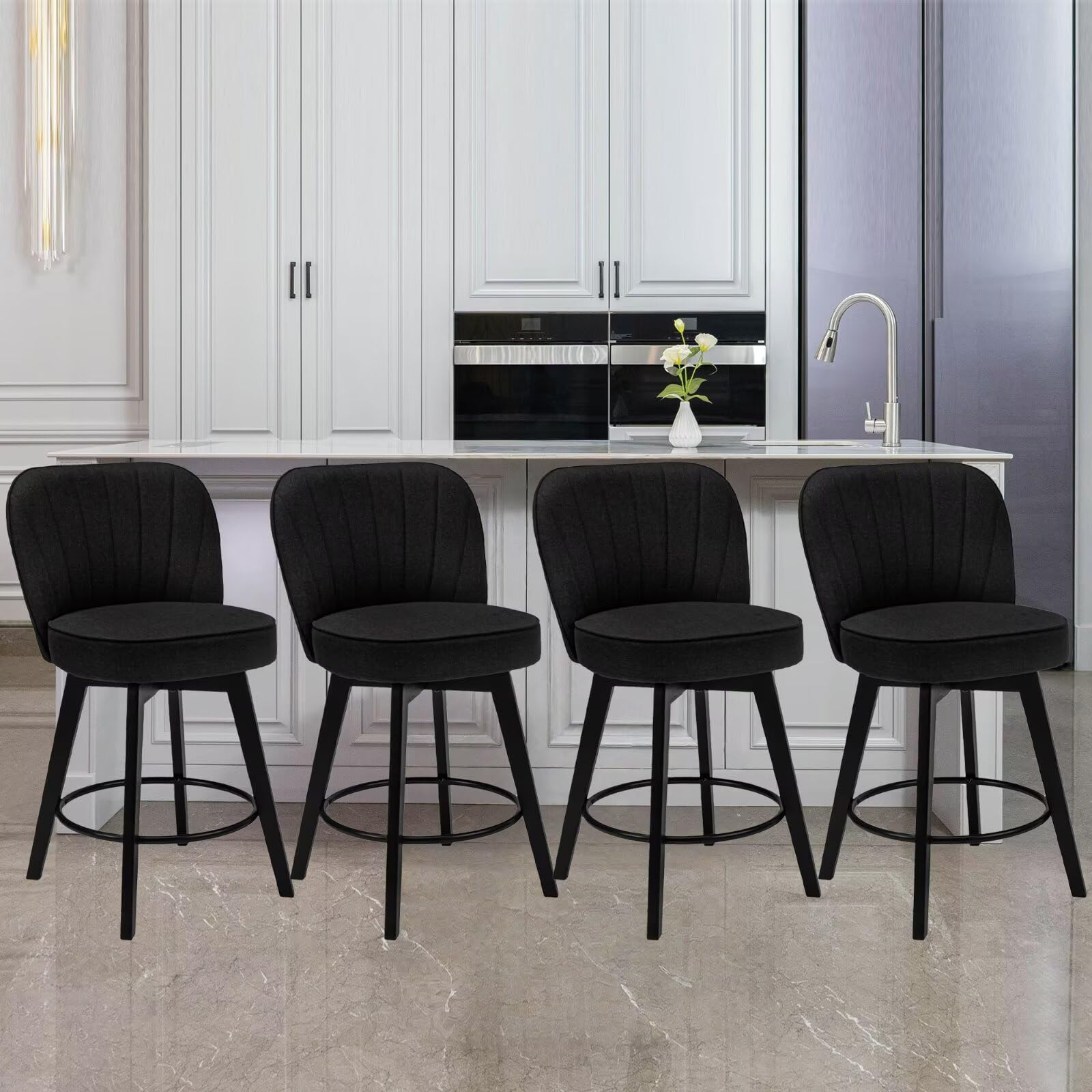 MINCETA Bar Stools Set of 4, 26 Inch Upholstered Barstools with Backrest and Footrest, Swivel Counter Height Barstools for Kitchen Island Home Bar