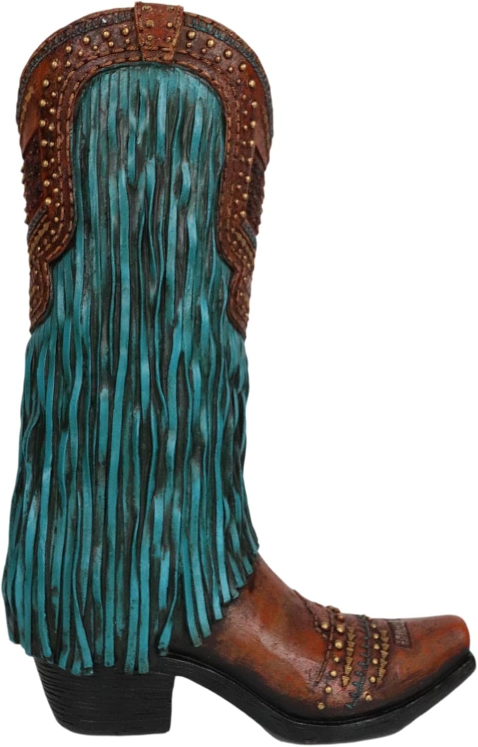 Ebros Gift Rustic Western Country Brown Faux Tooled Leather Cowgirl Or Cowboy Boot with Turquoise Frill Fringe and Studs Decorative Bouquet Vase Or Planter Figurine Southwestern Centerpiece Accent