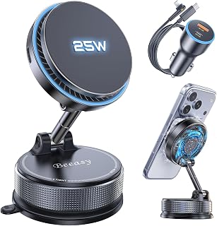 Beeasy Qi2.2 25W Car Wireless Charger for MagSafe Car Mobile Phone Holder | With Cooling Fan and 63W Adapter, Powerful Vacuum Suction Cup, 360° Rotation Holder for iPhone 12-17 Samsung S26