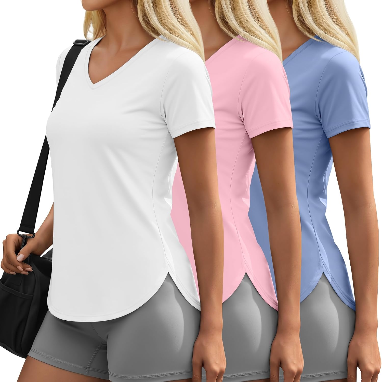 Locoowai 3 Pack Women's Workout Shirts Quick Dry Short Sleeve Lightweight Athletic Tops V Neck Side Slits Curved Hem Tees