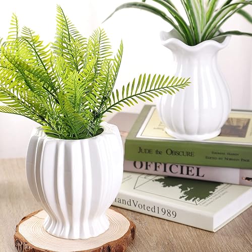 Miniatura 6 de VanEnjoy Florero decorativo de cerámica blanca de 6 pulgadas con diseño acanalado moderno de 6 pulgadas, flor de loto blanco