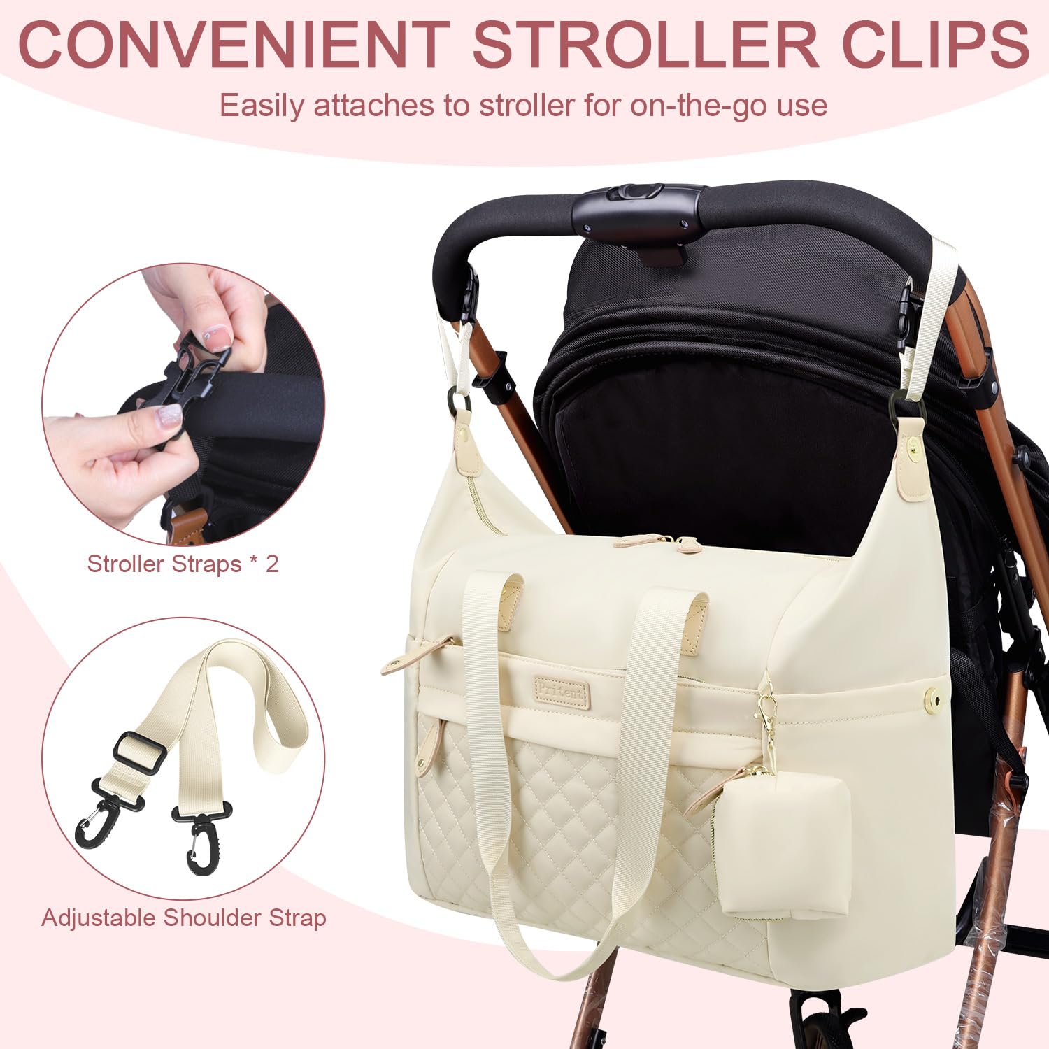 Pritent Diaper Bag Tote - Diaper Baby Bags with Pacifier Case, Shoulder Straps, Stroller Clips, Waterproof Large Mommy Maternity Travel Baby Bag for Mom and Dad, white