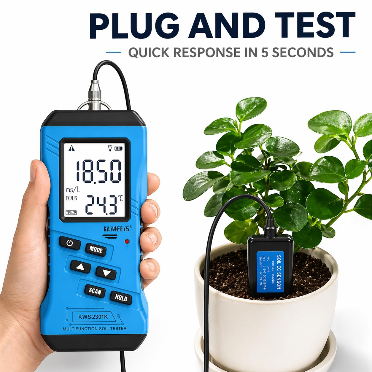 Probador de suelo 7 en 1, NPK, pH, humedad, medidor EC, digital de alta precisión para jardín, césped, granja, prueba de fertilidad del suelo de plantas