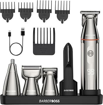 BarberBoss 5-in-1 Beard Trimmer Men, Grooming Kit for Men, Cordless Hair Clippers, Nose & Body Shaver with LED Display & USB-C Charging, Body Groomer