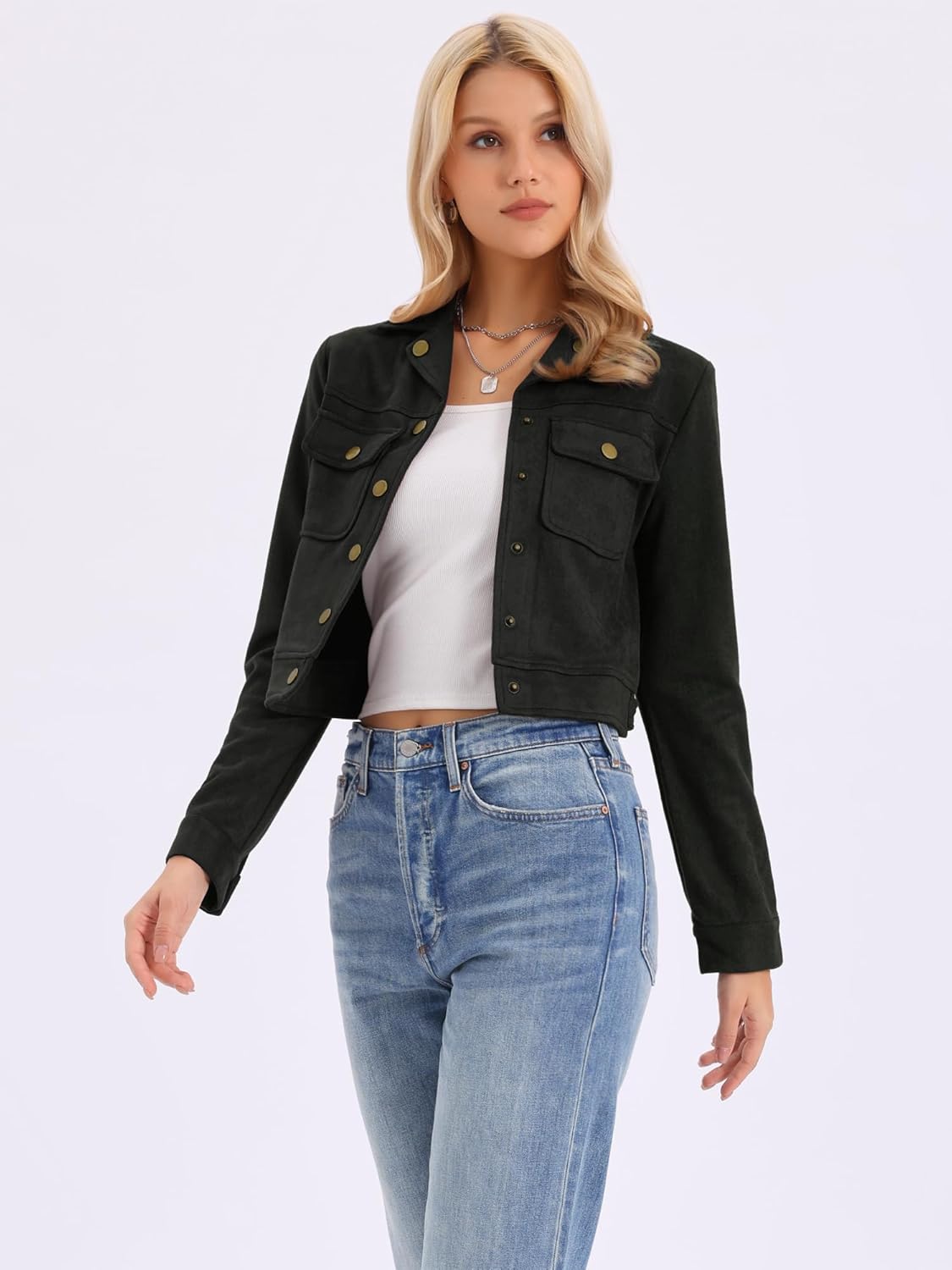 Allegra K Women's Faux Suede Jacket Button Down Collar Pockets Crop Moto Biker Coat - Image 4